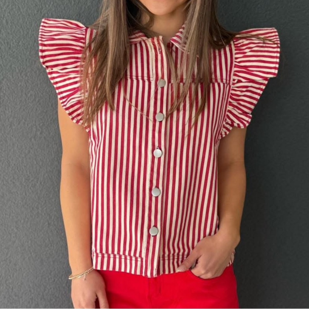 Red Striped Ruffle Sleeve Denim Top